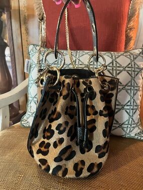 Calf hair Boutique Leopard Print Drawstring small Bucket Bag